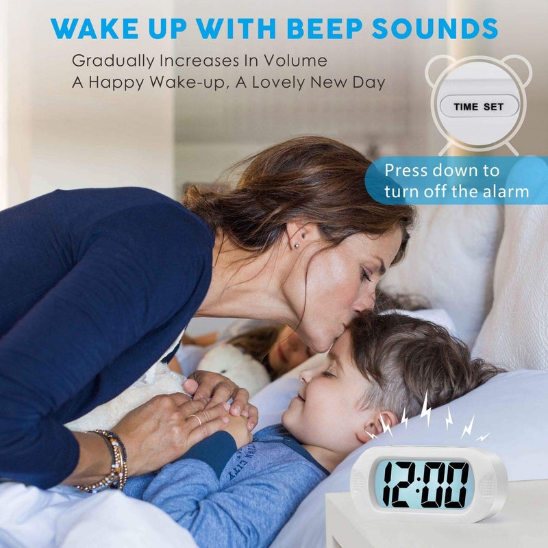 Plumeet Kids Alarm Clock Large Digital LCD Travel Alarm Clocks with Snooze and Night Light - Ascending Sound and Handheld Size - Best Gift for Kids (White) - Image 4